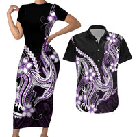 Purple Black Aloha Hawaii Couples Matching Short Sleeve Bodycon Dress and Hawaiian Shirt Polynesian Shark Tattoo Plumeria