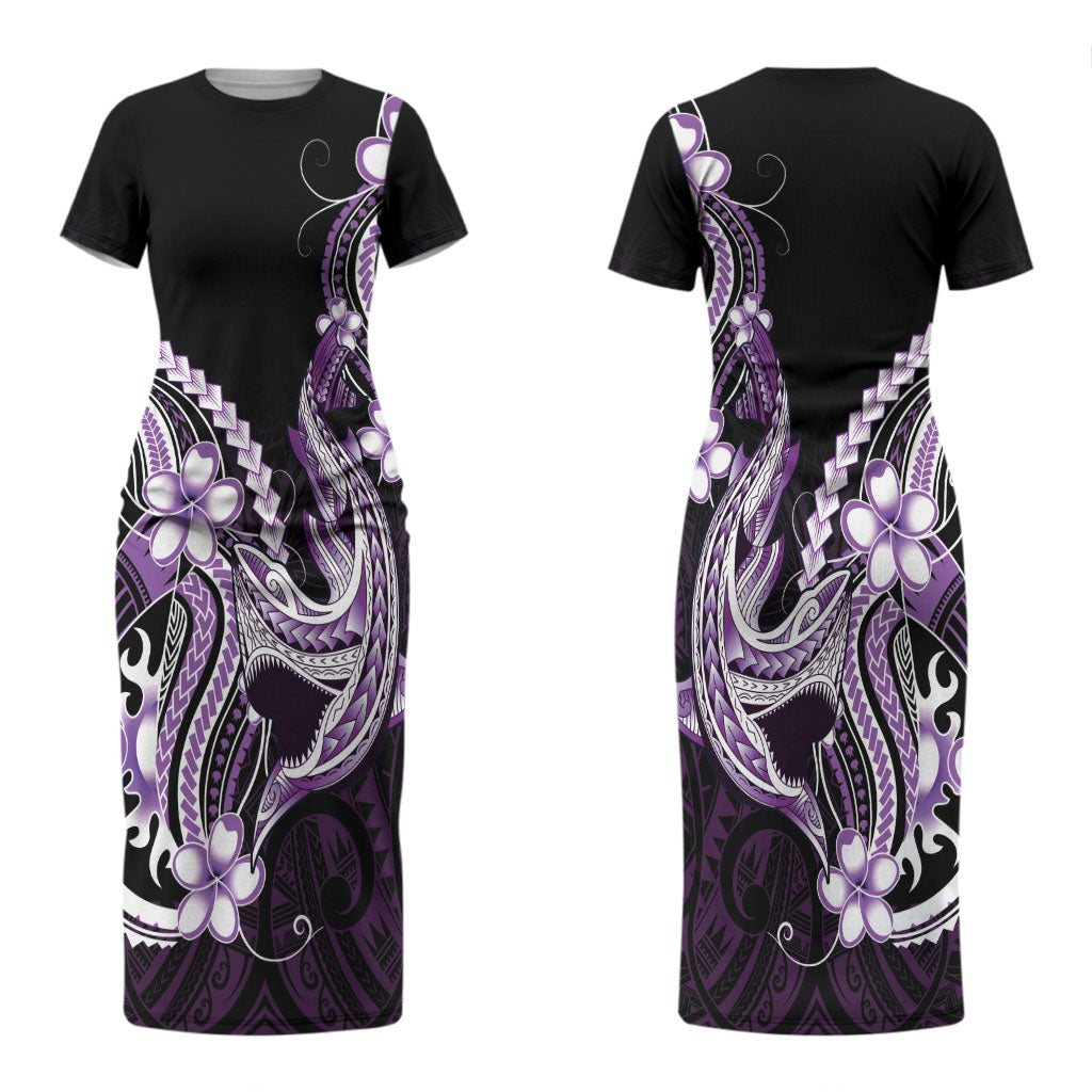 Purple Black Aloha Hawaii Couples Matching Short Sleeve Bodycon Dress and Hawaiian Shirt Polynesian Shark Tattoo Plumeria LT14 - Polynesian Pride