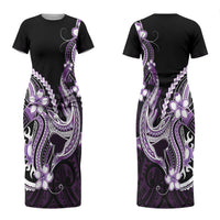 Purple Black Aloha Hawaii Couples Matching Short Sleeve Bodycon Dress and Hawaiian Shirt Polynesian Shark Tattoo Plumeria LT14 - Polynesian Pride
