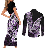 Purple Black Aloha Hawaii Couples Matching Short Sleeve Bodycon Dress and Long Sleeve Button Shirt Polynesian Shark Tattoo Plumeria