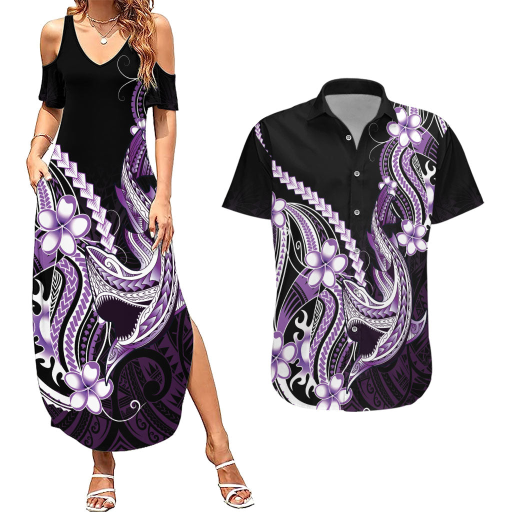Purple Black Aloha Hawaii Couples Matching Summer Maxi Dress and Hawaiian Shirt Polynesian Shark Tattoo Plumeria