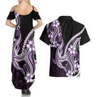 Purple Black Aloha Hawaii Couples Matching Summer Maxi Dress and Hawaiian Shirt Polynesian Shark Tattoo Plumeria