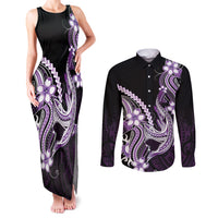 Purple Black Aloha Hawaii Couples Matching Tank Maxi Dress and Long Sleeve Button Shirt Polynesian Shark Tattoo Plumeria