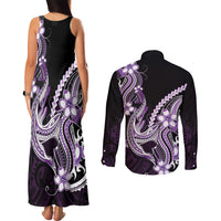 Purple Black Aloha Hawaii Couples Matching Tank Maxi Dress and Long Sleeve Button Shirt Polynesian Shark Tattoo Plumeria