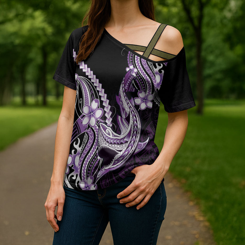 Purple Black Aloha Hawaii Cross Shoulder Shirt Polynesian Shark Tattoo Plumeria