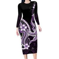 Purple Black Aloha Hawaii Family Matching Long Sleeve Bodycon Dress and Hawaiian Shirt Polynesian Shark Tattoo Plumeria