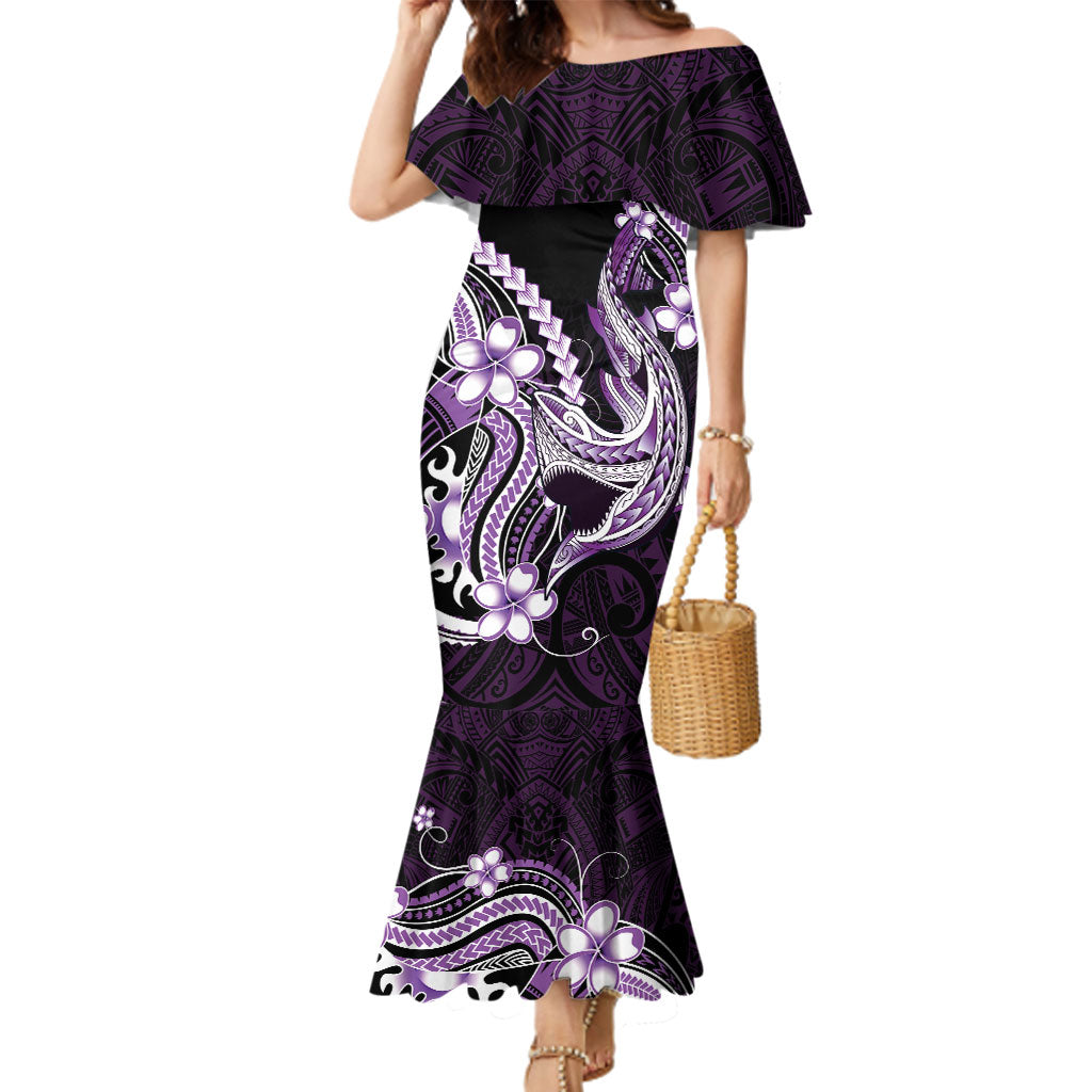 Purple Black Aloha Hawaii Family Matching Mermaid Dress and Hawaiian Shirt Polynesian Shark Tattoo Plumeria