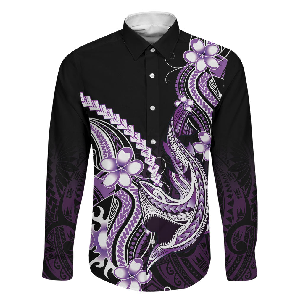 Purple Black Aloha Hawaii Family Matching Off The Shoulder Long Sleeve Dress and Hawaiian Shirt Polynesian Shark Tattoo Plumeria