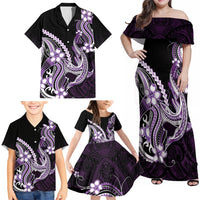 Purple Black Aloha Hawaii Family Matching Off Shoulder Maxi Dress and Hawaiian Shirt Polynesian Shark Tattoo Plumeria