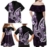Purple Black Aloha Hawaii Family Matching Off Shoulder Maxi Dress and Hawaiian Shirt Polynesian Shark Tattoo Plumeria