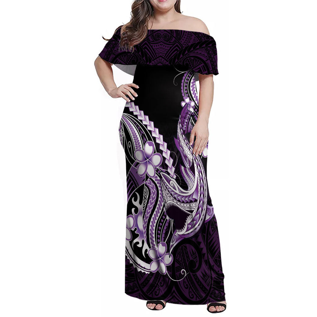 Purple Black Aloha Hawaii Family Matching Off Shoulder Maxi Dress and Hawaiian Shirt Polynesian Shark Tattoo Plumeria