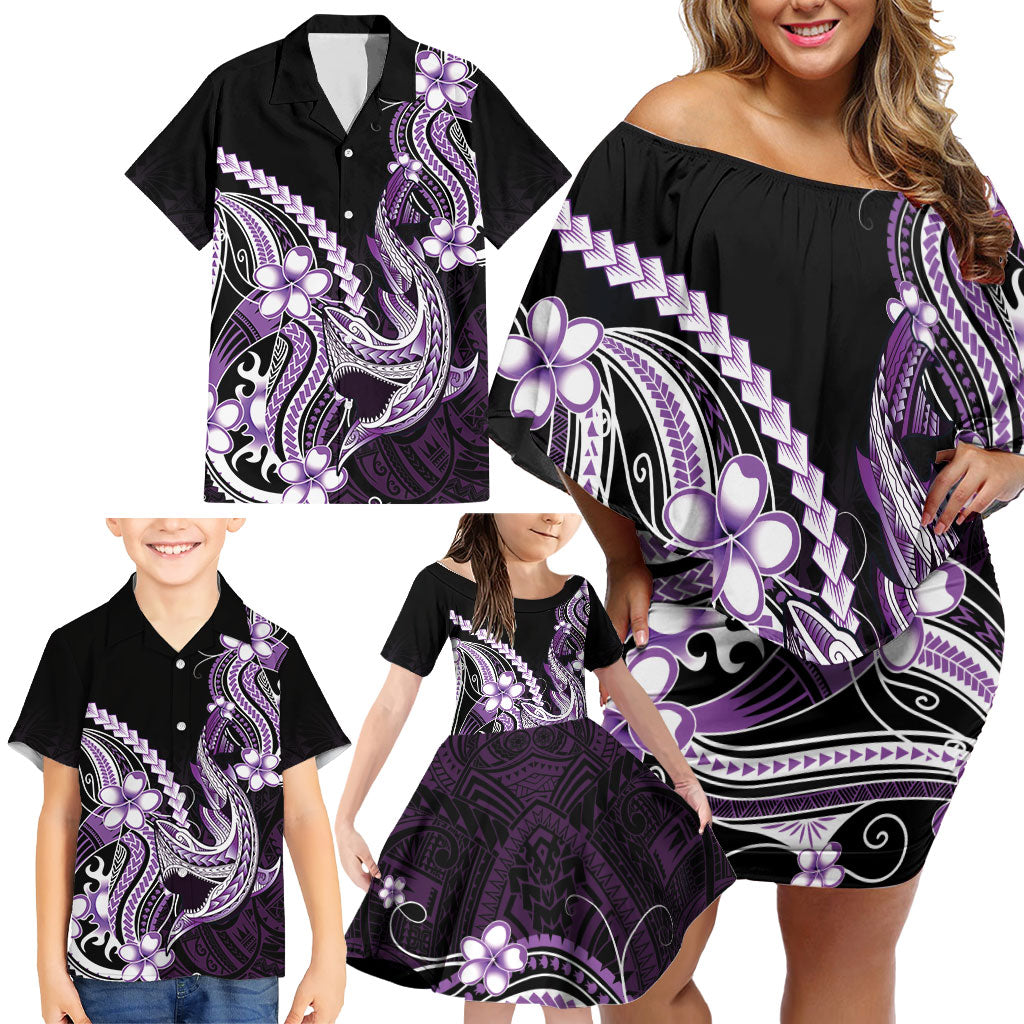 Purple Black Aloha Hawaii Family Matching Off Shoulder Short Dress and Hawaiian Shirt Polynesian Shark Tattoo Plumeria