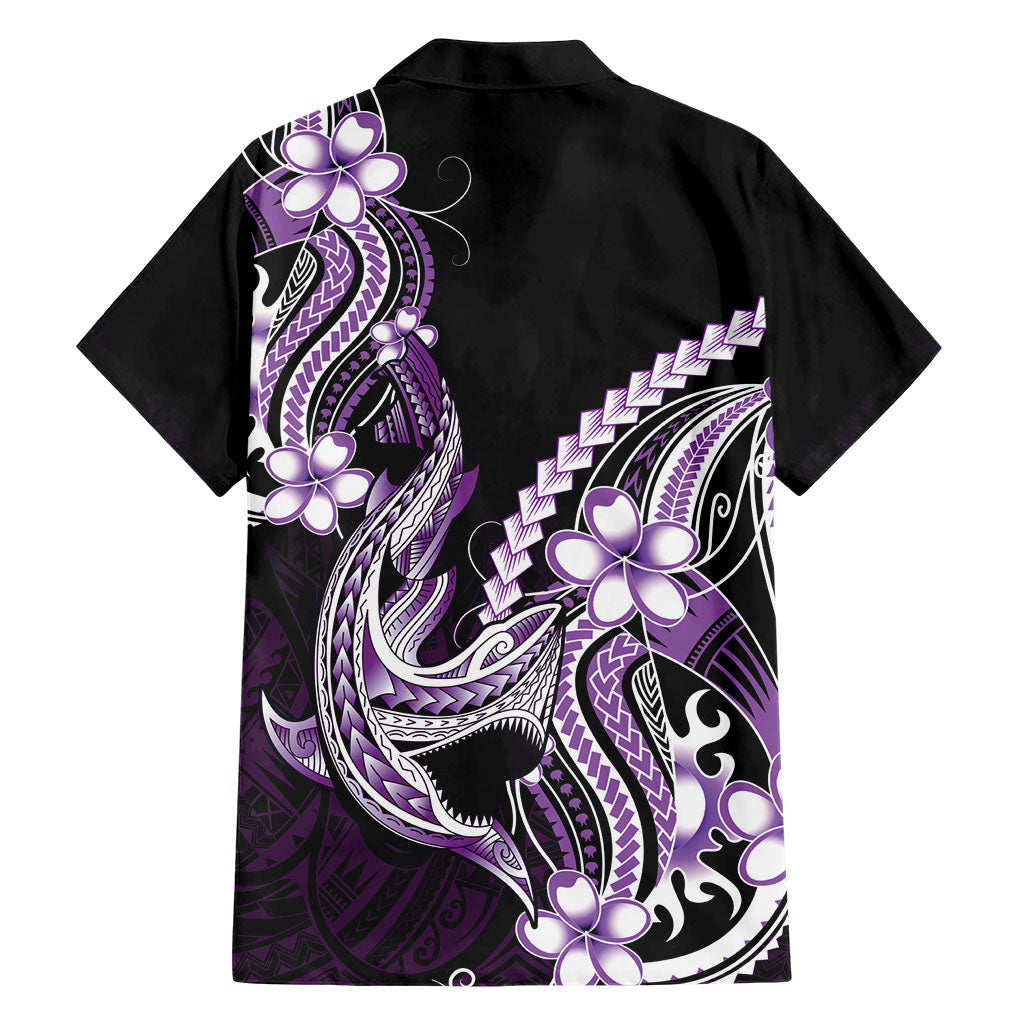 Purple Black Aloha Hawaii Family Matching Off Shoulder Short Dress and Hawaiian Shirt Polynesian Shark Tattoo Plumeria