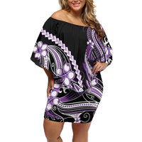 Purple Black Aloha Hawaii Family Matching Off Shoulder Short Dress and Hawaiian Shirt Polynesian Shark Tattoo Plumeria