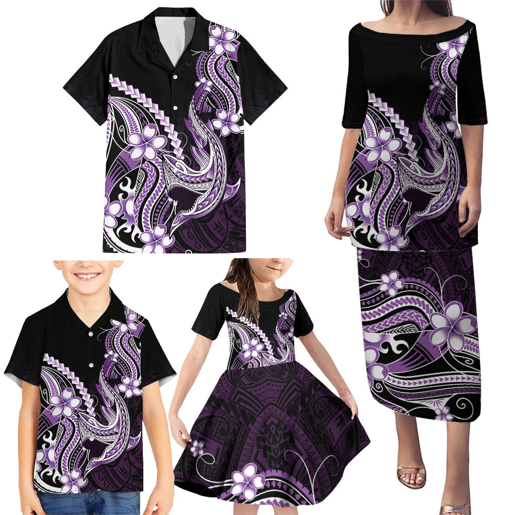 Purple Black Aloha Hawaii Family Matching Puletasi and Hawaiian Shirt Polynesian Shark Tattoo Plumeria
