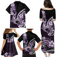Purple Black Aloha Hawaii Family Matching Puletasi and Hawaiian Shirt Polynesian Shark Tattoo Plumeria