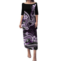 Purple Black Aloha Hawaii Family Matching Puletasi and Hawaiian Shirt Polynesian Shark Tattoo Plumeria