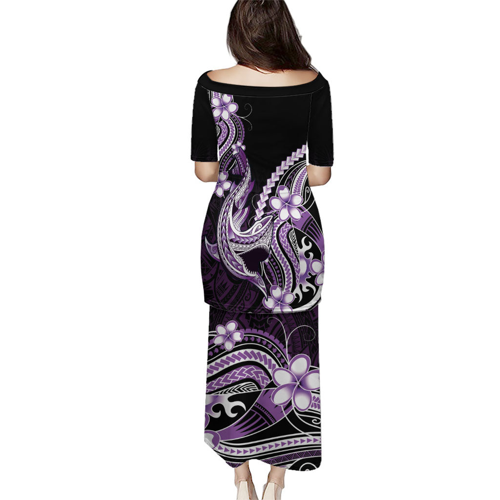Purple Black Aloha Hawaii Family Matching Puletasi and Hawaiian Shirt Polynesian Shark Tattoo Plumeria