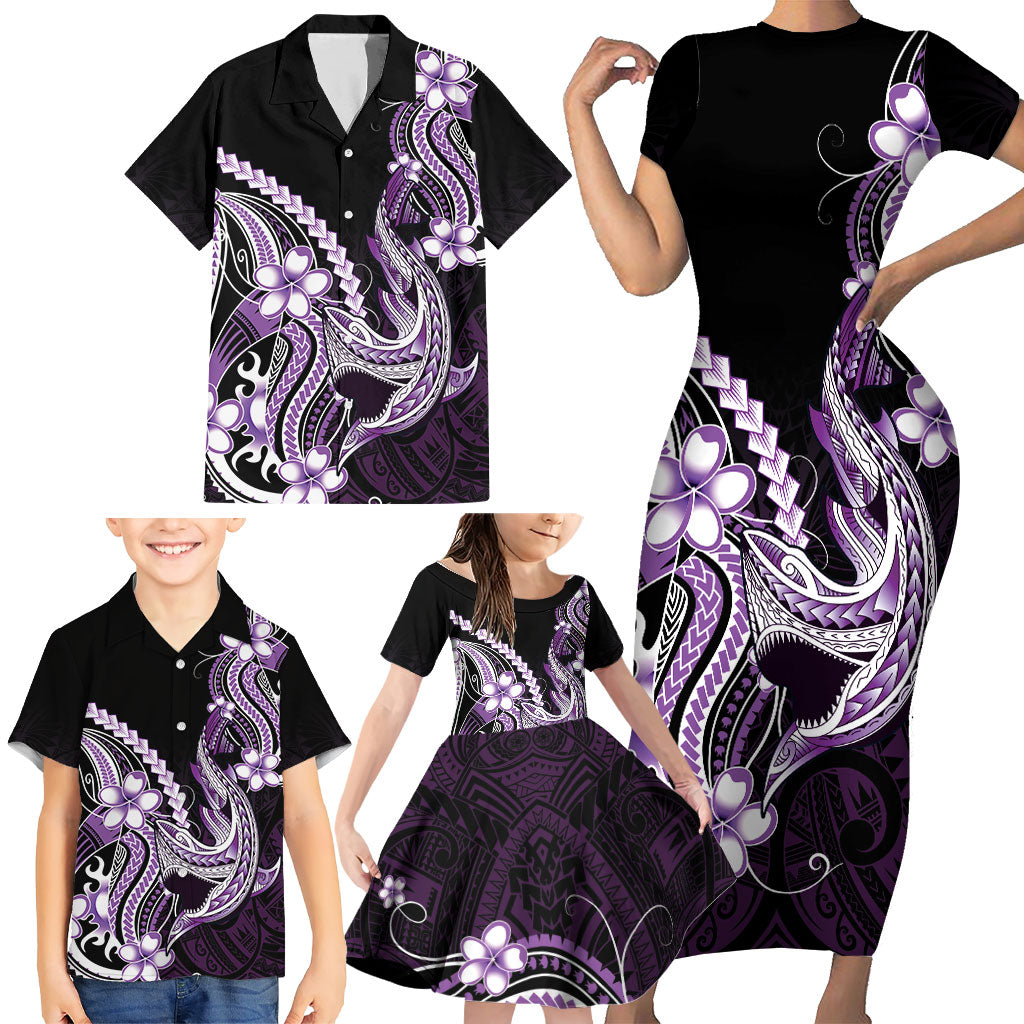 Purple Black Aloha Hawaii Family Matching Short Sleeve Bodycon Dress and Hawaiian Shirt Polynesian Shark Tattoo Plumeria