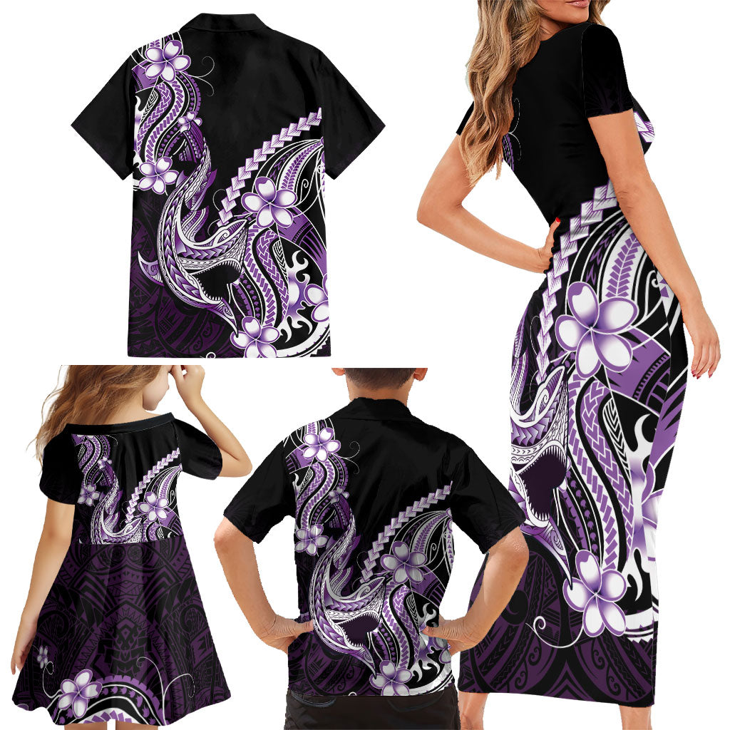 Purple Black Aloha Hawaii Family Matching Short Sleeve Bodycon Dress and Hawaiian Shirt Polynesian Shark Tattoo Plumeria