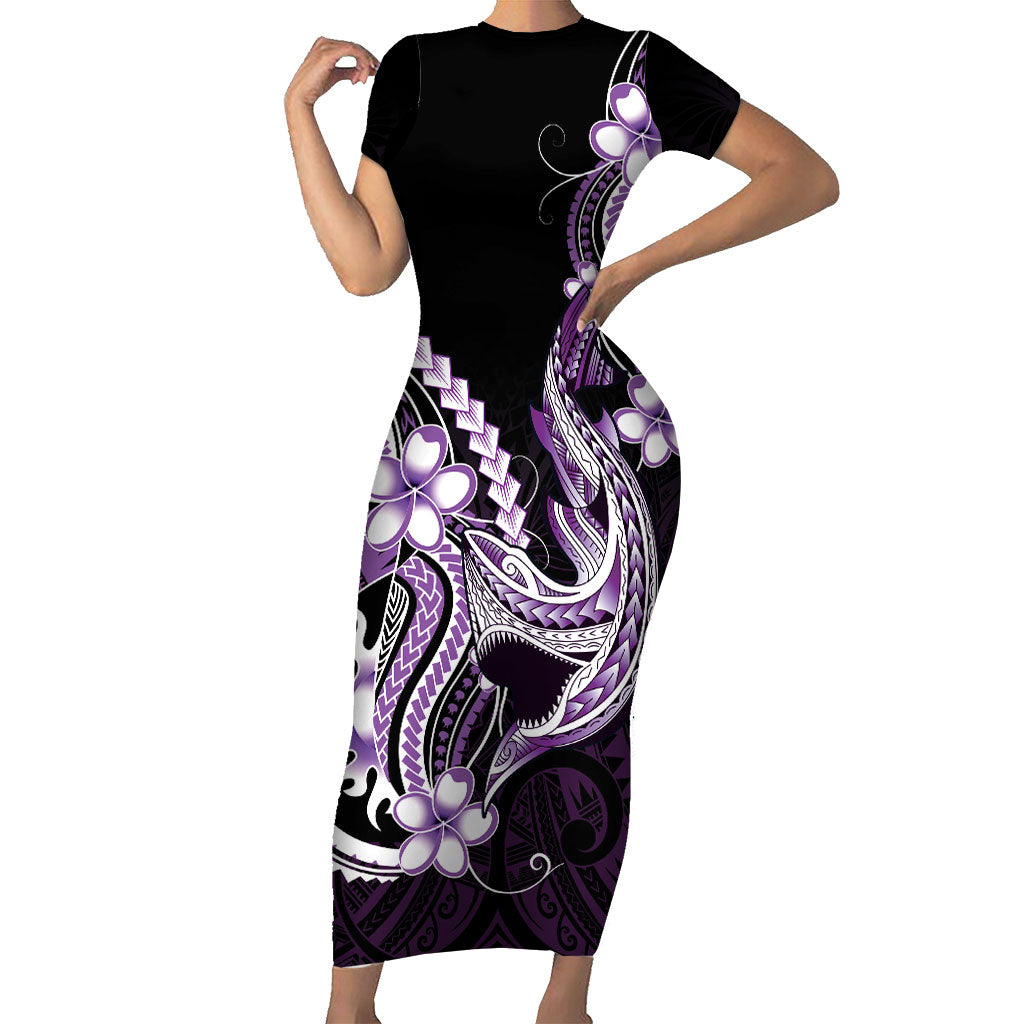 Purple Black Aloha Hawaii Family Matching Short Sleeve Bodycon Dress and Hawaiian Shirt Polynesian Shark Tattoo Plumeria