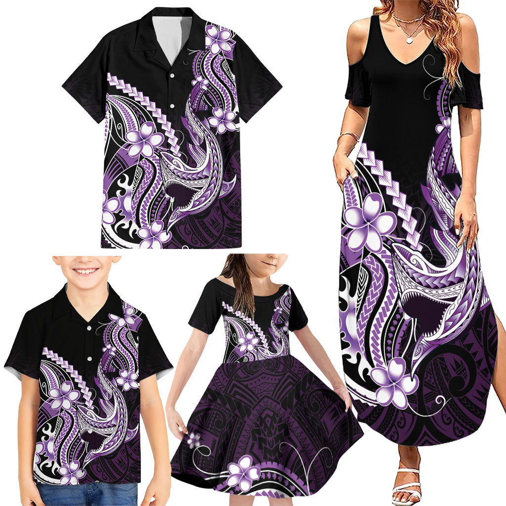 Purple Black Aloha Hawaii Family Matching Summer Maxi Dress and Hawaiian Shirt Polynesian Shark Tattoo Plumeria