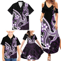 Purple Black Aloha Hawaii Family Matching Summer Maxi Dress and Hawaiian Shirt Polynesian Shark Tattoo Plumeria