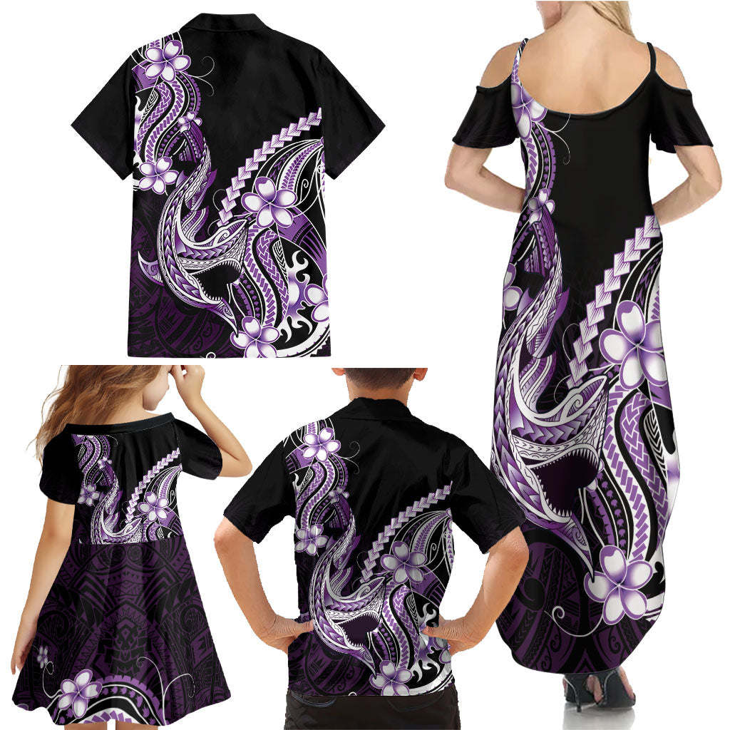 Purple Black Aloha Hawaii Family Matching Summer Maxi Dress and Hawaiian Shirt Polynesian Shark Tattoo Plumeria