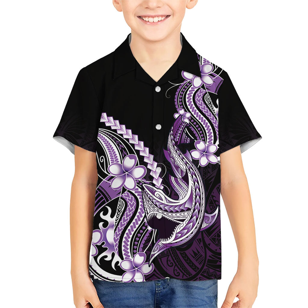 Purple Black Aloha Hawaii Family Matching Summer Maxi Dress and Hawaiian Shirt Polynesian Shark Tattoo Plumeria
