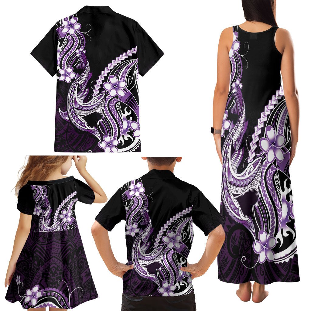 Purple Black Aloha Hawaii Family Matching Tank Maxi Dress and Hawaiian Shirt Polynesian Shark Tattoo Plumeria