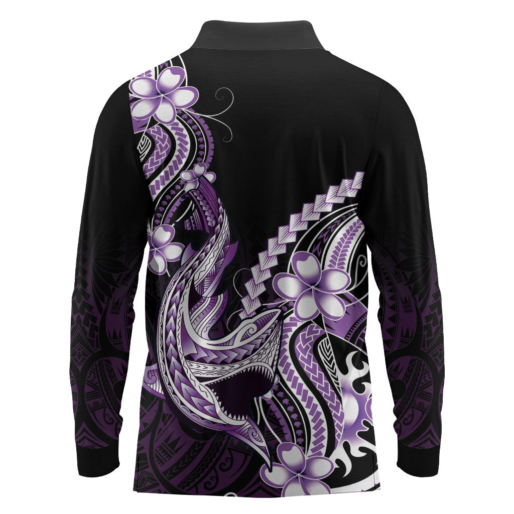 Purple Black Aloha Hawaii Long Sleeve Polo Shirt Polynesian Shark Tattoo Plumeria