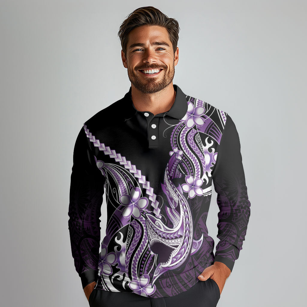 Purple Black Aloha Hawaii Long Sleeve Polo Shirt Polynesian Shark Tattoo Plumeria