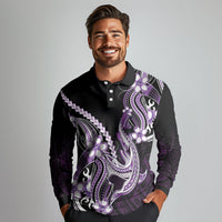 Purple Black Aloha Hawaii Long Sleeve Polo Shirt Polynesian Shark Tattoo Plumeria