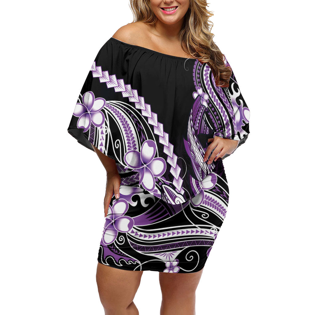 Purple Black Aloha Hawaii Off Shoulder Short Dress Polynesian Shark Tattoo Plumeria