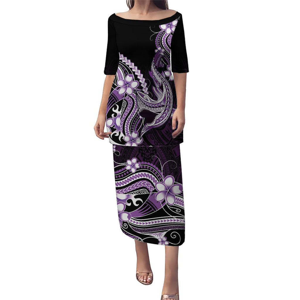 Purple Black Aloha Hawaii Puletasi Polynesian Shark Tattoo Plumeria LT14 Long Dress Purple - Polynesian Pride