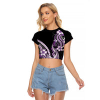 Purple Black Aloha Hawaii Raglan Cropped T Shirt Polynesian Shark Tattoo Plumeria