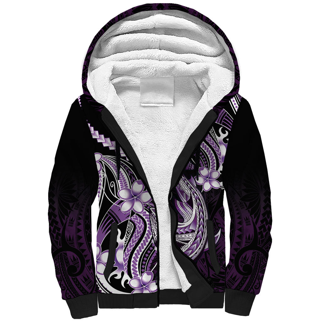 Purple Black Aloha Hawaii Sherpa Hoodie Polynesian Shark Tattoo Plumeria LT14 Unisex Purple - Polynesian Pride