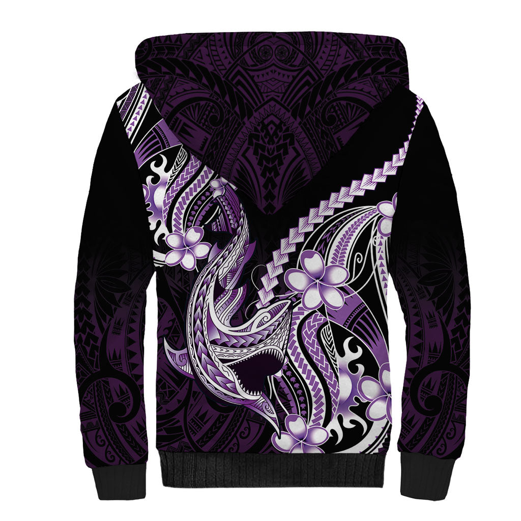 Purple Black Aloha Hawaii Sherpa Hoodie Polynesian Shark Tattoo Plumeria