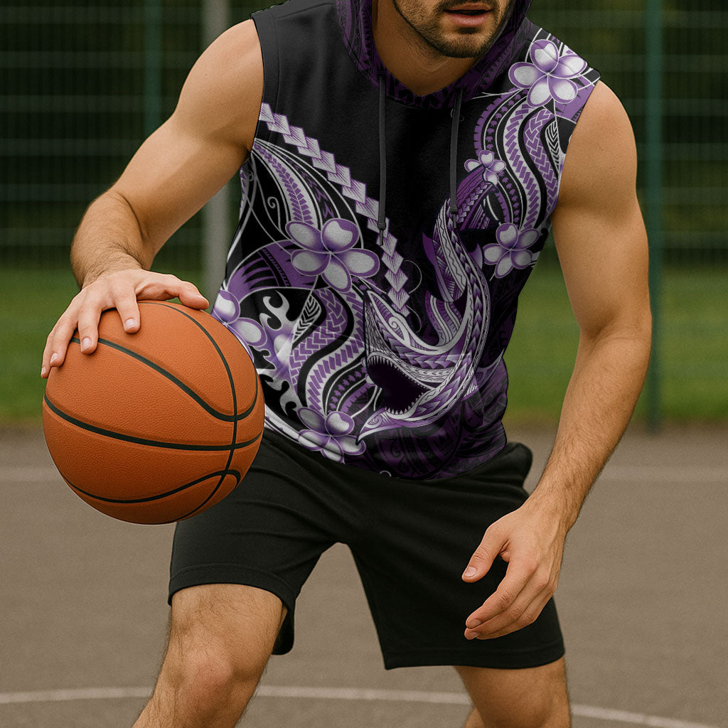 Purple Black Aloha Hawaii Sleeveless Hoodie Polynesian Shark Tattoo Plumeria