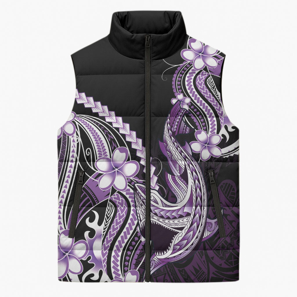 Purple Black Aloha Hawaii Sleeveless Puffer Jacket Polynesian Shark Tattoo Plumeria LT14 Unisex Purple - Polynesian Pride