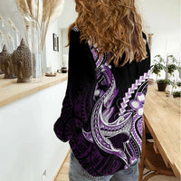 Purple Black Aloha Hawaii Women Casual Shirt Polynesian Shark Tattoo Plumeria
