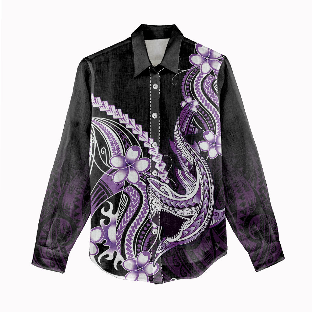 Purple Black Aloha Hawaii Women Casual Shirt Polynesian Shark Tattoo Plumeria