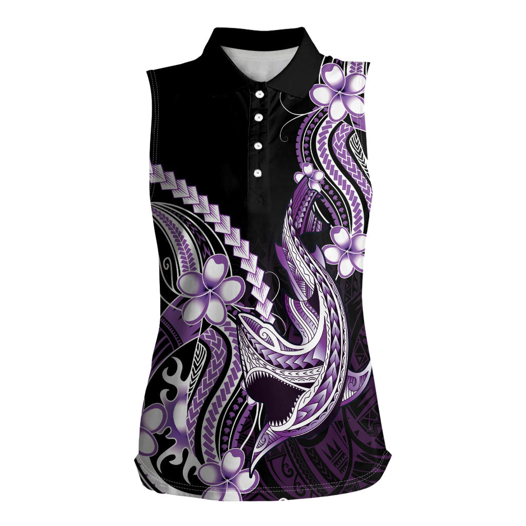 Purple Black Aloha Hawaii Women Sleeveless Polo Shirt Polynesian Shark Tattoo Plumeria
