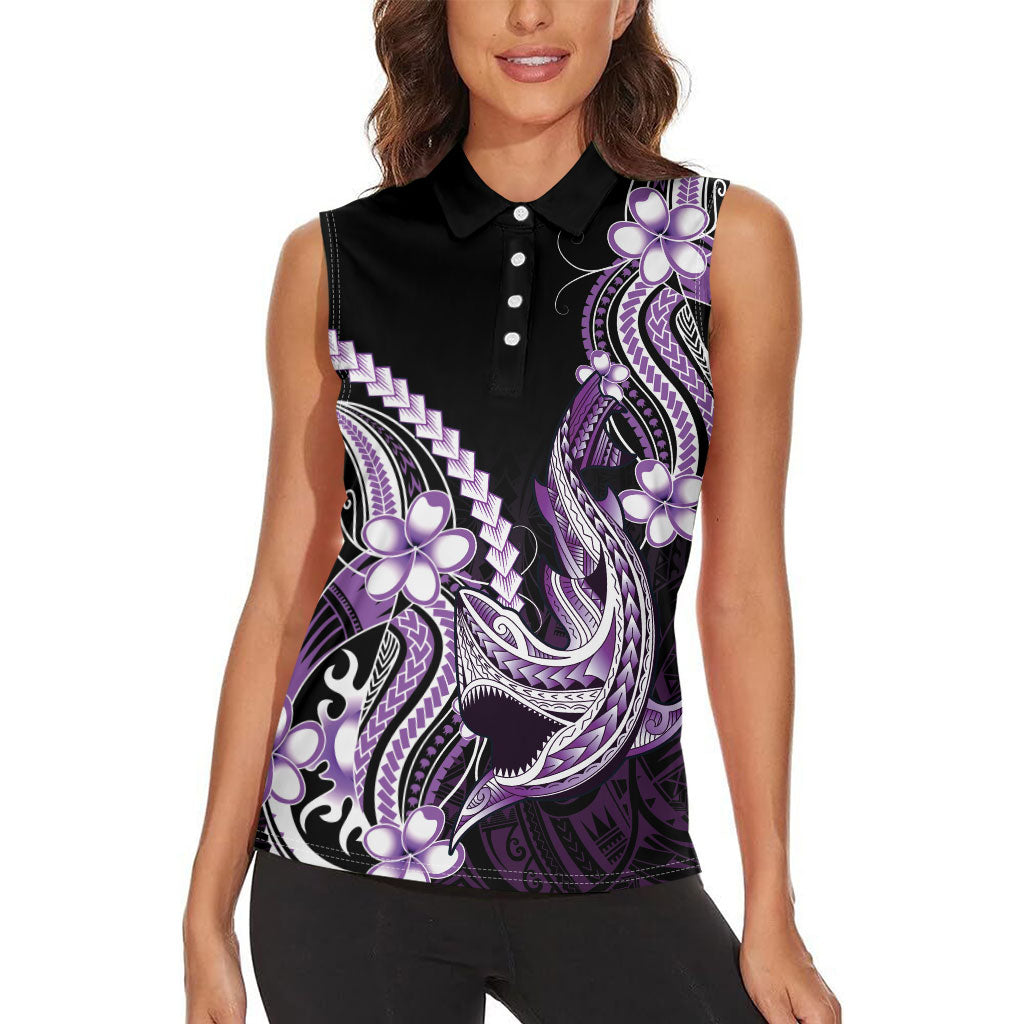 Purple Black Aloha Hawaii Women Sleeveless Polo Shirt Polynesian Shark Tattoo Plumeria