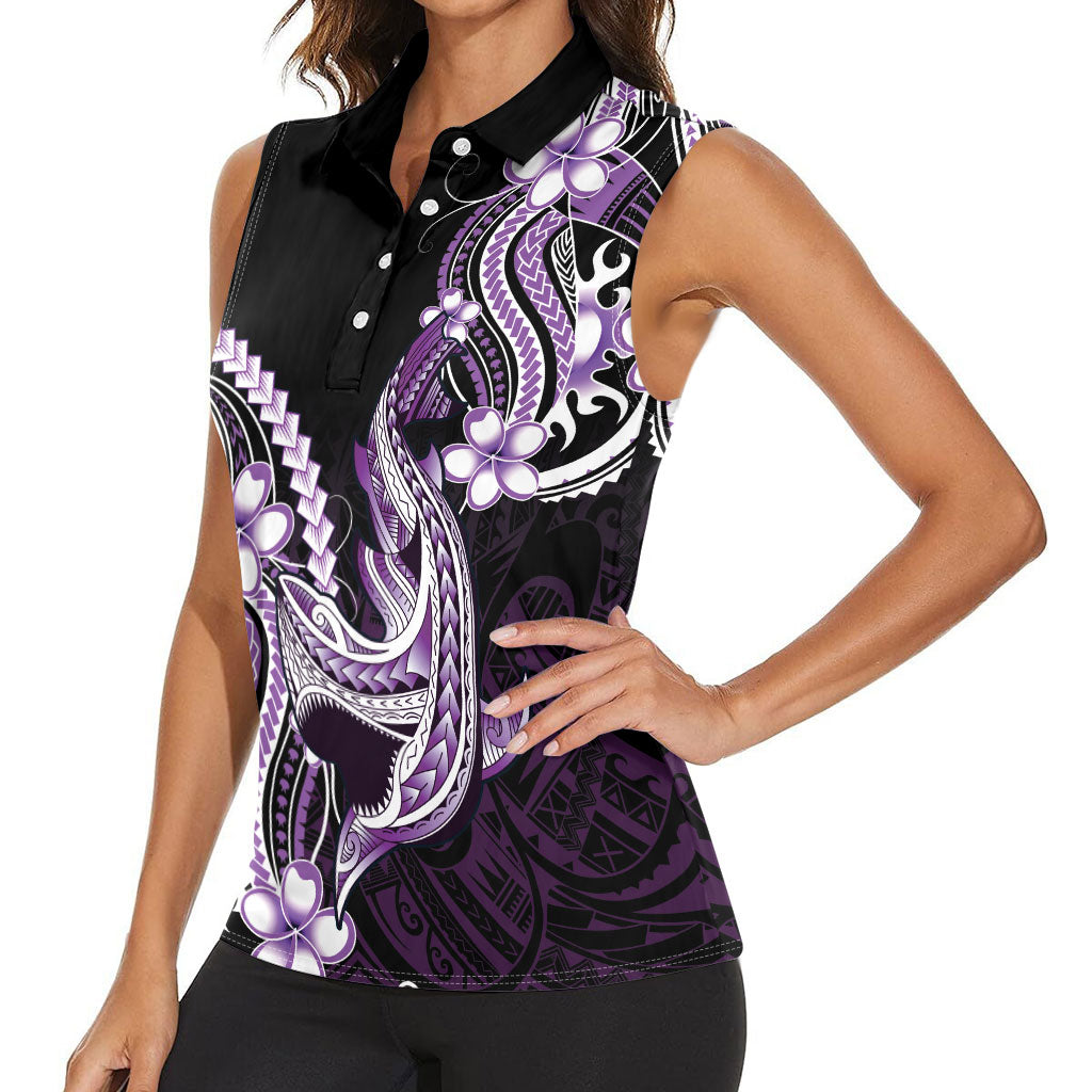 Purple Black Aloha Hawaii Women Sleeveless Polo Shirt Polynesian Shark Tattoo Plumeria