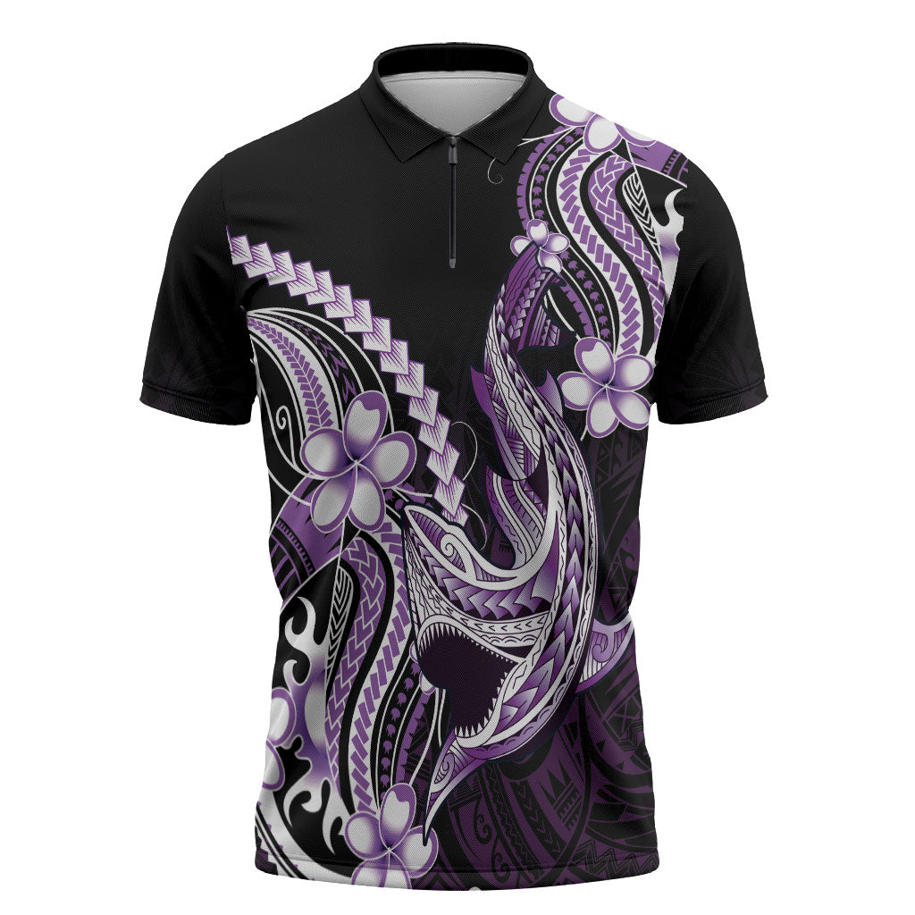 Purple Black Aloha Hawaii Zipper Polo Shirt Polynesian Shark Tattoo Plumeria