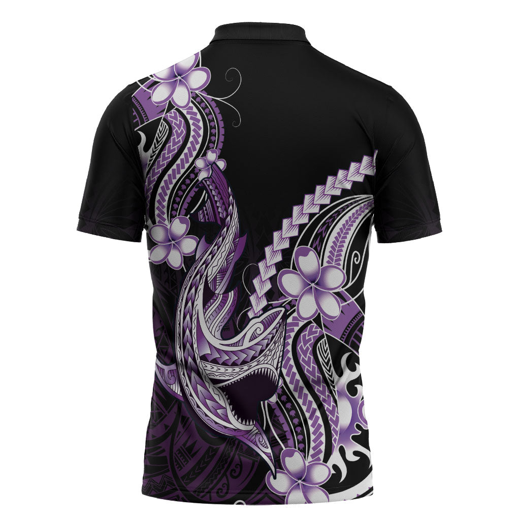 Purple Black Aloha Hawaii Zipper Polo Shirt Polynesian Shark Tattoo Plumeria