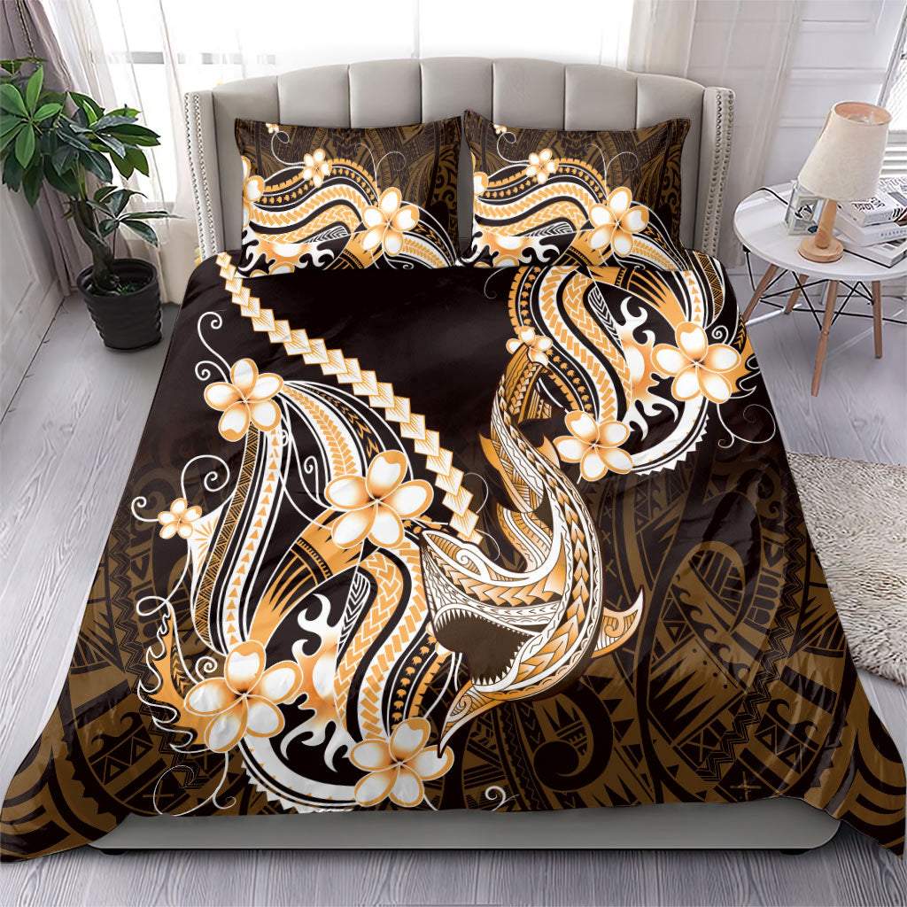Orange Black Aloha Hawaii Bedding Set Polynesian Shark Tattoo Plumeria