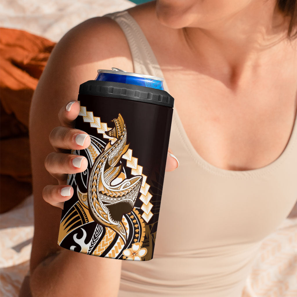 Orange Black Aloha Hawaii 4 in 1 Can Cooler Tumbler Polynesian Shark Tattoo Plumeria