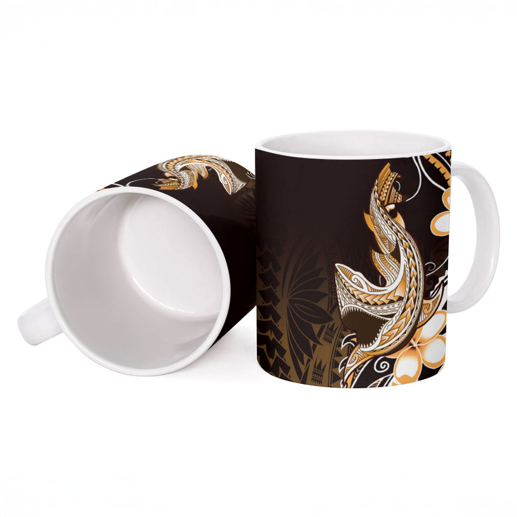 Orange Black Aloha Hawaii Ceramic Mug Polynesian Shark Tattoo Plumeria